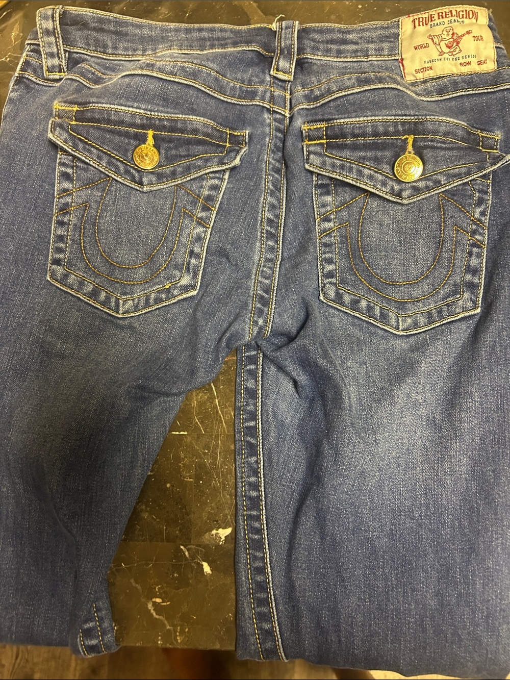 True Religion Women’s Dark Blue Bootcut Jeans with Gold Accents